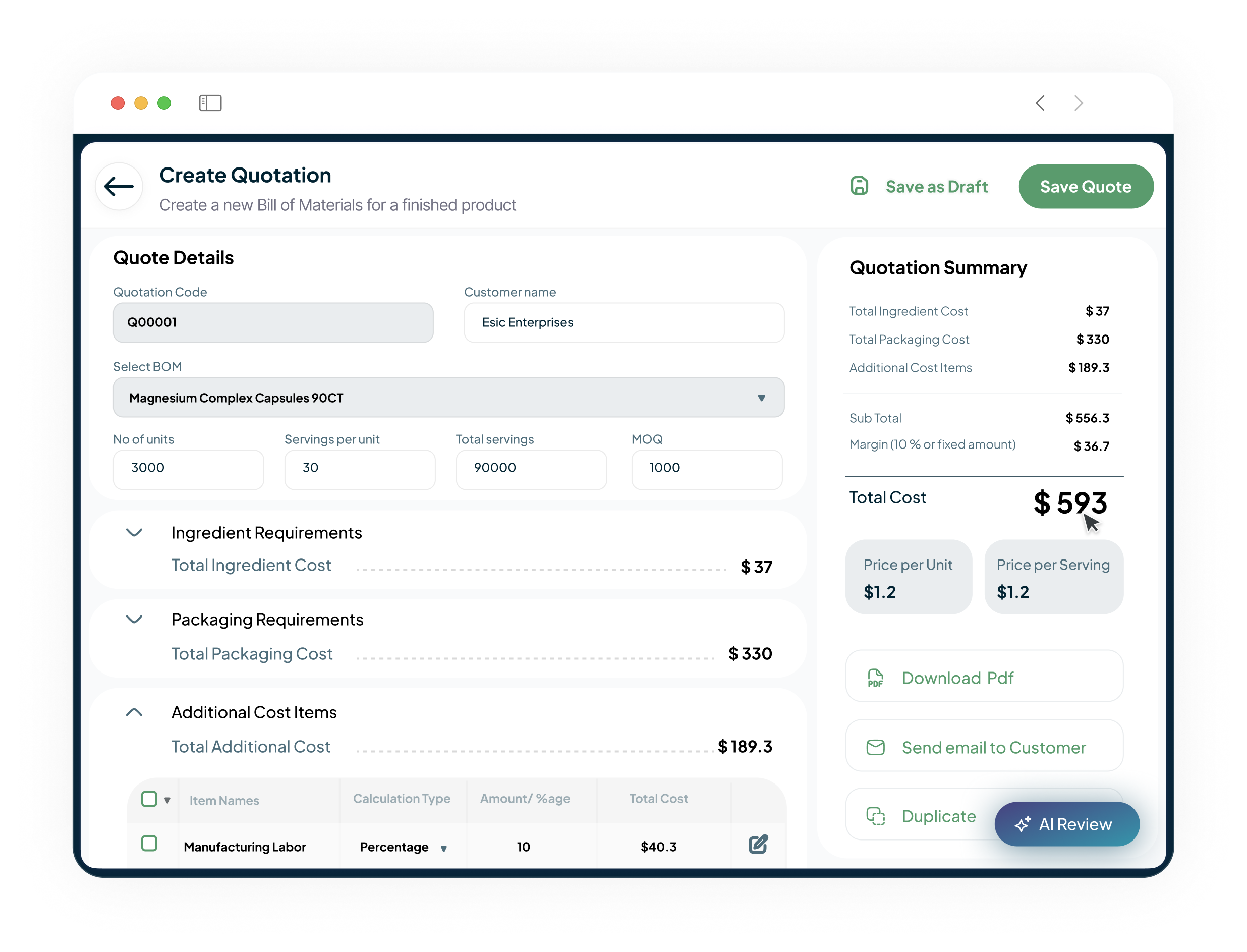 Rapid Product Costing & Quote Generation