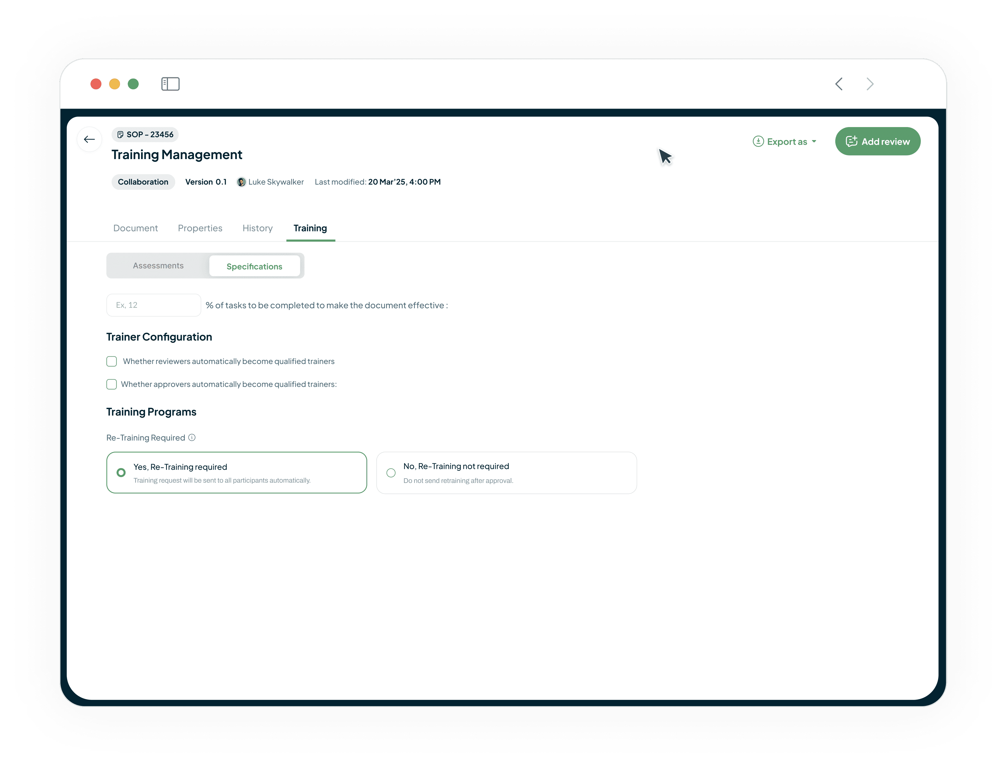 LMS training configuration